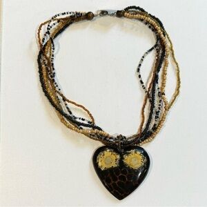 NWT Glass Bead Multi-strand Necklace with Large Heart Pendant 18”